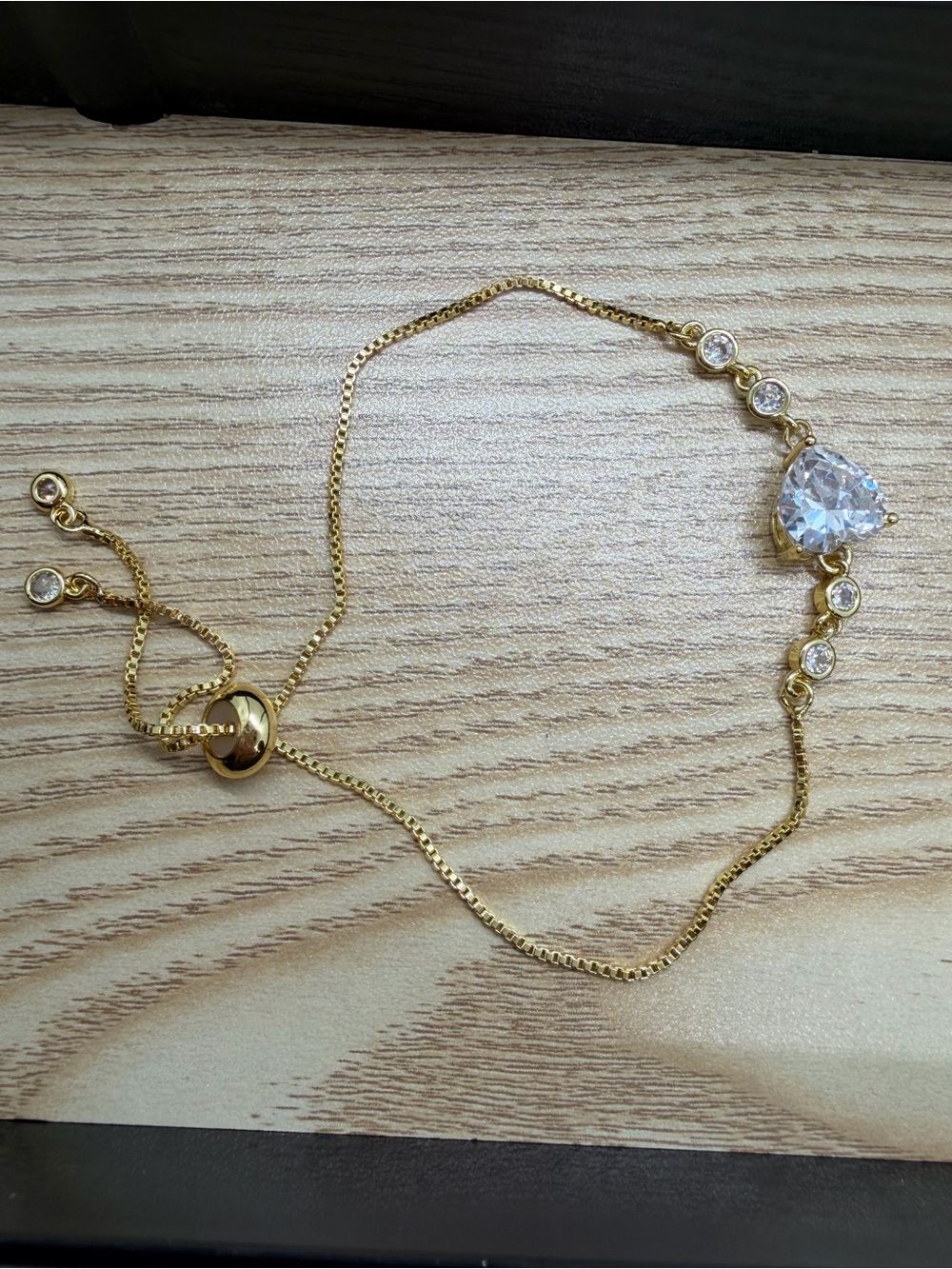 Gold Heart Crystal Slider Bracelet - Women's Adjustable Sparkle